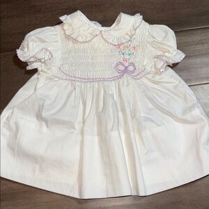 Polly Flinders Vintage Hand Smocked Baby Dress White & Lavender SZ 12 Months